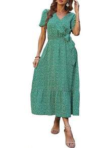 Vestido bohemio floral para mujer , para usar en el trabajo, con cuello en V, manga corta, cinturón, doblones, corte en A, fluido y largo. - Verde - Ver 1