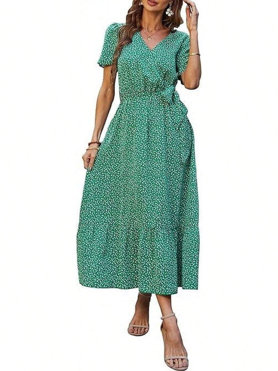 Vestido bohemio floral para mujer , para usar en el trabajo, con cuello en V, manga corta, cinturón, doblones, corte en A, fluido y largo. - Verde - Ver 1