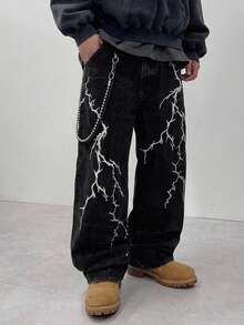DAZY 1pc Unisex Streetwear Brand Infinite Jeans, Casual Loose Wide Leg Denim Pants (Belt And Accessories Not Included) - Black - View 1