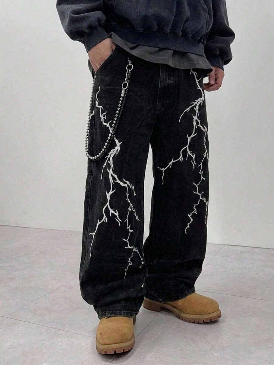 DAZY 1pc Unisex Streetwear Brand Infinite Jeans, Casual Loose Wide Leg Denim Pants (Belt And Accessories Not Included) - Black - View 1