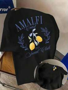 Italian Amalfi Coast Lemon Y2K Pattern 180g Combed Cotton Crew Neck T-Shirt, High-Quality Printed Unisex T-Shirt, Low Stretch, Regular Fit - Black - View 2