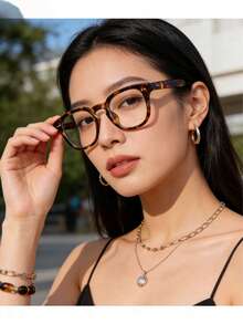 1對女款塑膠框鉚釘方框大號無度數眼鏡，街頭風透明清透鏡片眼鏡 - 玳瑁 - 查看 6