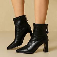 Women's Pointed Toe Leather Ankle Boots With Back Zipper, Chunky Heel, Vintage Pleated Design, Autumn/Winter Formal Boots For Party, Daily Commute And Street Wear - Black - View 1