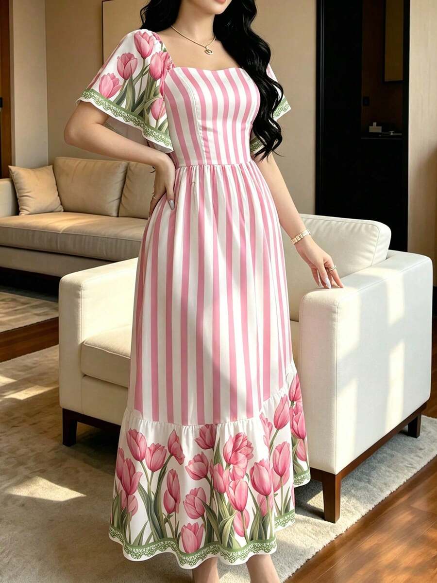 Turtle Leaf, Coconut Tree, Scattered Leaf And Small Flower Plant Silhouette, Square Neck And Short Sleeve Dress With Ruffle Design At The Hem, Summer Vacation Style - Multicolor 3 - View 1