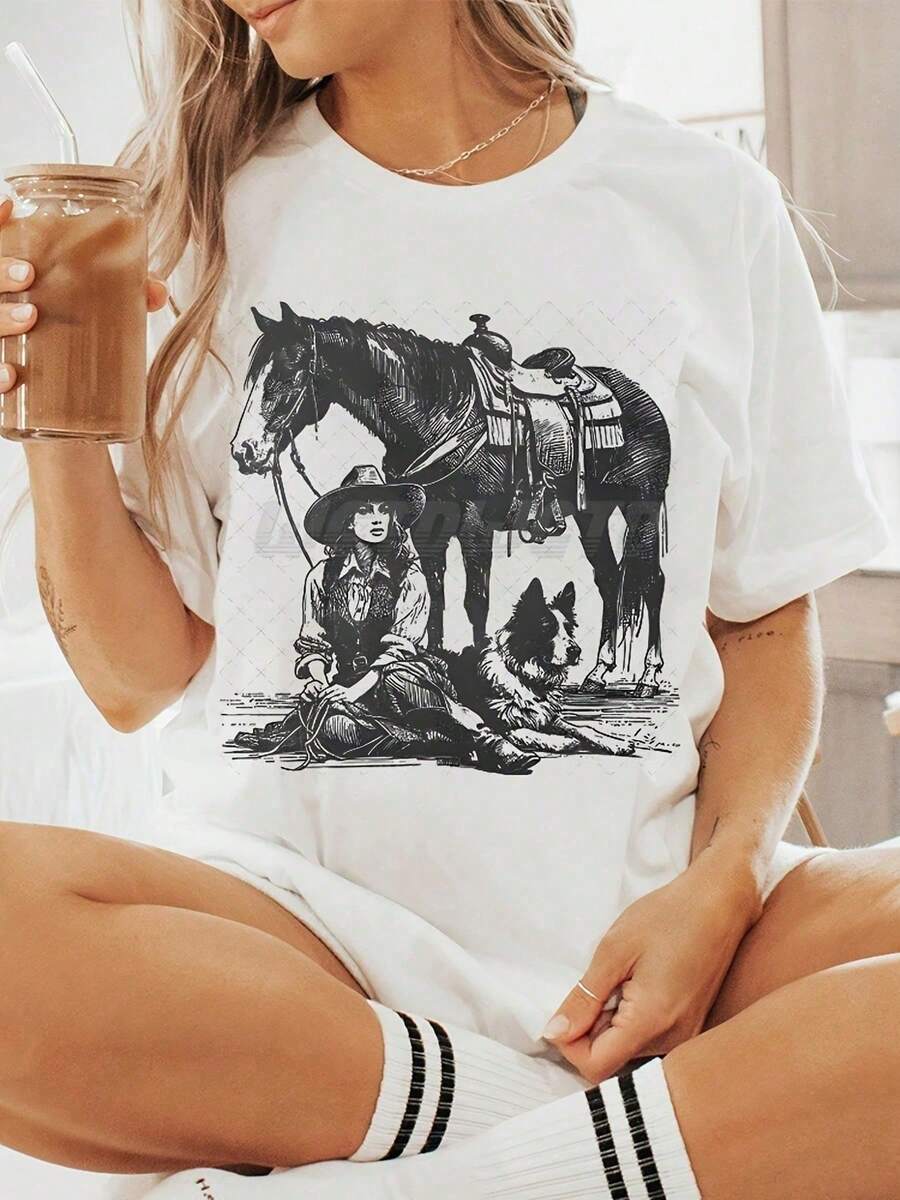 Women's Printed T-Shirt, 100% Cotton, Vintage Western Style With Cowgirl, Horse And Dog Print, Retro Country Style, Round Neck, Short Sleeve, Casual Summer. - 白色 - 查看 1