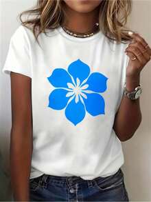 Women's Clothing: Women's T-Shirt, 100% Cotton, Round Neck, Blue Floral Print, Minimalist Style, Loose Fit. | Women's Tops - 白色 - 查看 1