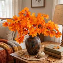 5pcs Autumn Flower & Leaf Branches, Artificial Orange Maple Leaf Stems, Faux Autumn Floral Stems For Vase Arrangement, Home Decor, American Country Style Scenes, Thanksgiving Table Centerpiece, Fireplace And Halloween Decoration - Orange - View 6