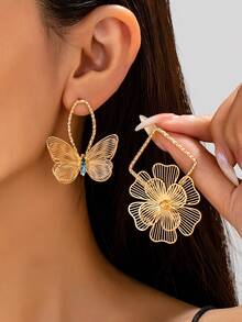 1 Pair Hollow Butterfly & Flower Long Drop Earrings, Luxury Gold Line Design, Elegant Versatile Style For Women's Vacation - Yellow Gold - View 1