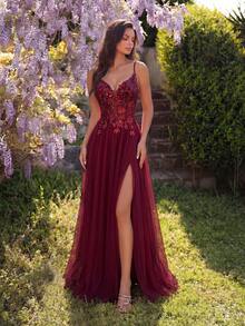 ADYCE Elegant Spaghetti Strap Cinched Waist Backless Fitted Sequin High Slit Mesh Bridesmaid Dress, Prom Dress, Homecoming, Wedding Guest, Holiday Party - Burgundy - View 7