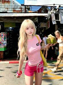 Heart & Letter Print Slim Fit Square Shoulder T-Shirt For Women, Summer Short Sleeve, American Style Waist-Cinching Slimming Pink Top Casual - Pink - View 3