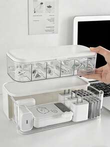 1 pieza Organizador de cables de escritorio, soporte de gestión de cables de carga de teléfono, enrollador de cables dividido, caja de almacenamiento de cables de alimentación - Blanco - Ver 2