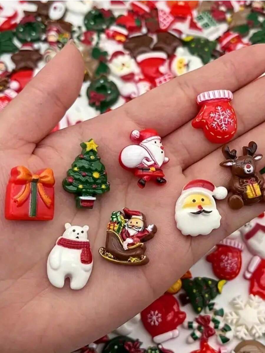 100pcs Aneka Hiasan Resin Natal – Dekorasi ABS Datar untuk Kerajinan DIY, Scrapbooking, dan Pembuatan Perhiasan (Gaya/Bentuk Acak) - View 1