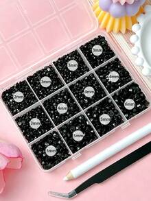 1盒混裝多尺寸2-6mm黑色平底水鑽套組，深色系圓形黑色水晶水鑽，附拾取鑷子與筆，美甲、保溫杯、衣物、鞋子及DIY手工藝飾品鑲鑽寶石組 - 黑色 - 查看 2