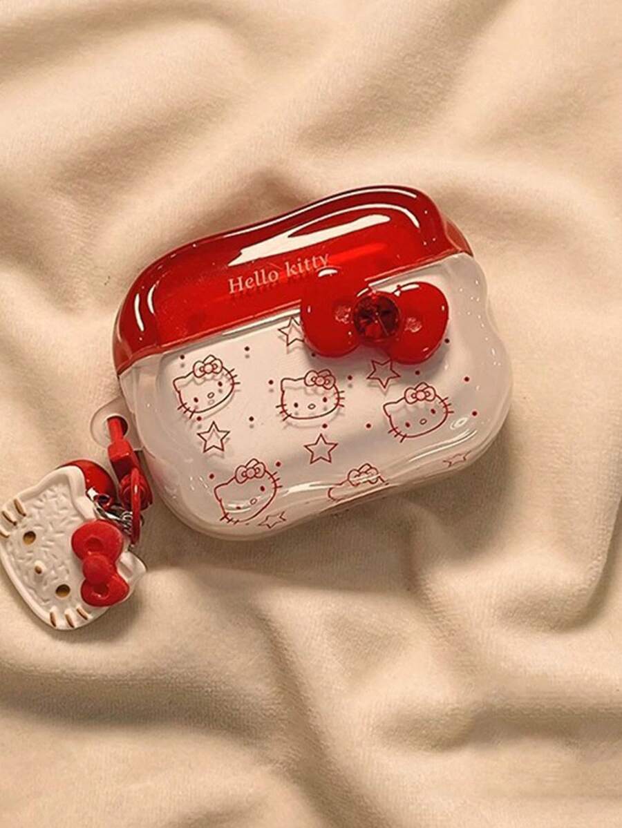 SANRIO 1pc Cute Red Bow Kitty + Pendant Clip Bluetooth Earphone Protective Case - Red Polka Dot Bow KT - View 1