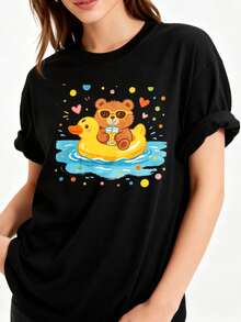 Under The Radar - Women's 100% Cotton Crew Neck T-Shirt, Casual Bear On Duck Float Design, Comfortable And Breathable, Summer Exclusive - Vintage Urban Style, Unisex, Cotton - 黑色 - 查看 1