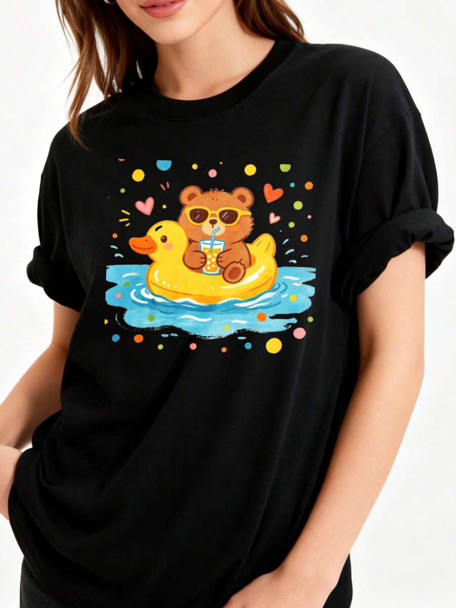 Under The Radar - Women's 100% Cotton Crew Neck T-Shirt, Casual Bear On Duck Float Design, Comfortable And Breathable, Summer Exclusive - Vintage Urban Style, Unisex, Cotton - 黑色 - 查看 1