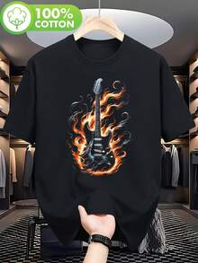 1 camiseta de hombre con estampado de guitarra eléctrica y llamas, 180g, 100% algodón, cuello redondo, corte holgado, cómoda para todas las estaciones. - Negro - Ver 1