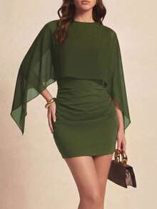 2-In-1 Solid Color Mini Dress With Batwing Sleeves And Splicing, Lightweight, For Date Nights, Vacations, Birthday Parties And Everyday Wear - Army Green - View 1