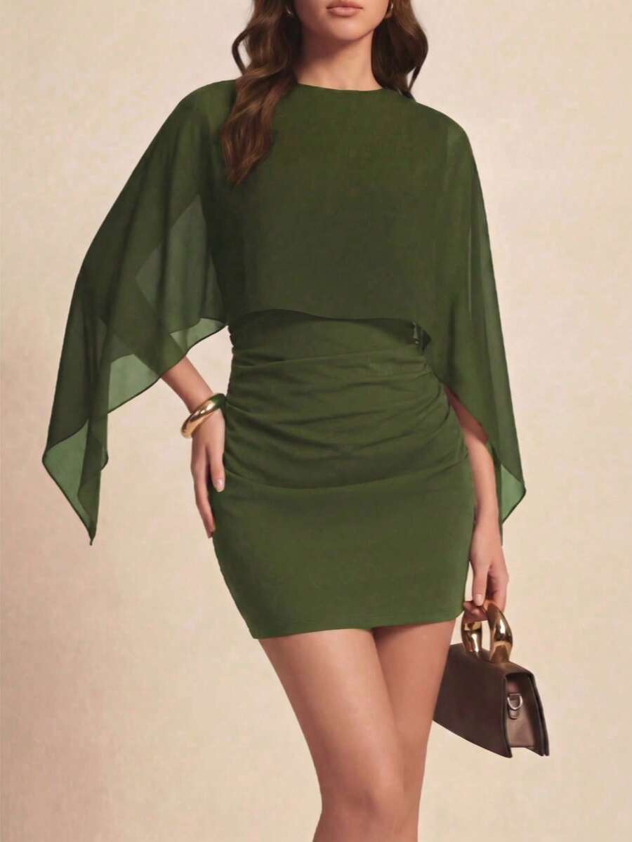 2-In-1 Solid Color Mini Dress With Batwing Sleeves And Splicing, Lightweight, For Date Nights, Vacations, Birthday Parties And Everyday Wear - Army Green - View 1