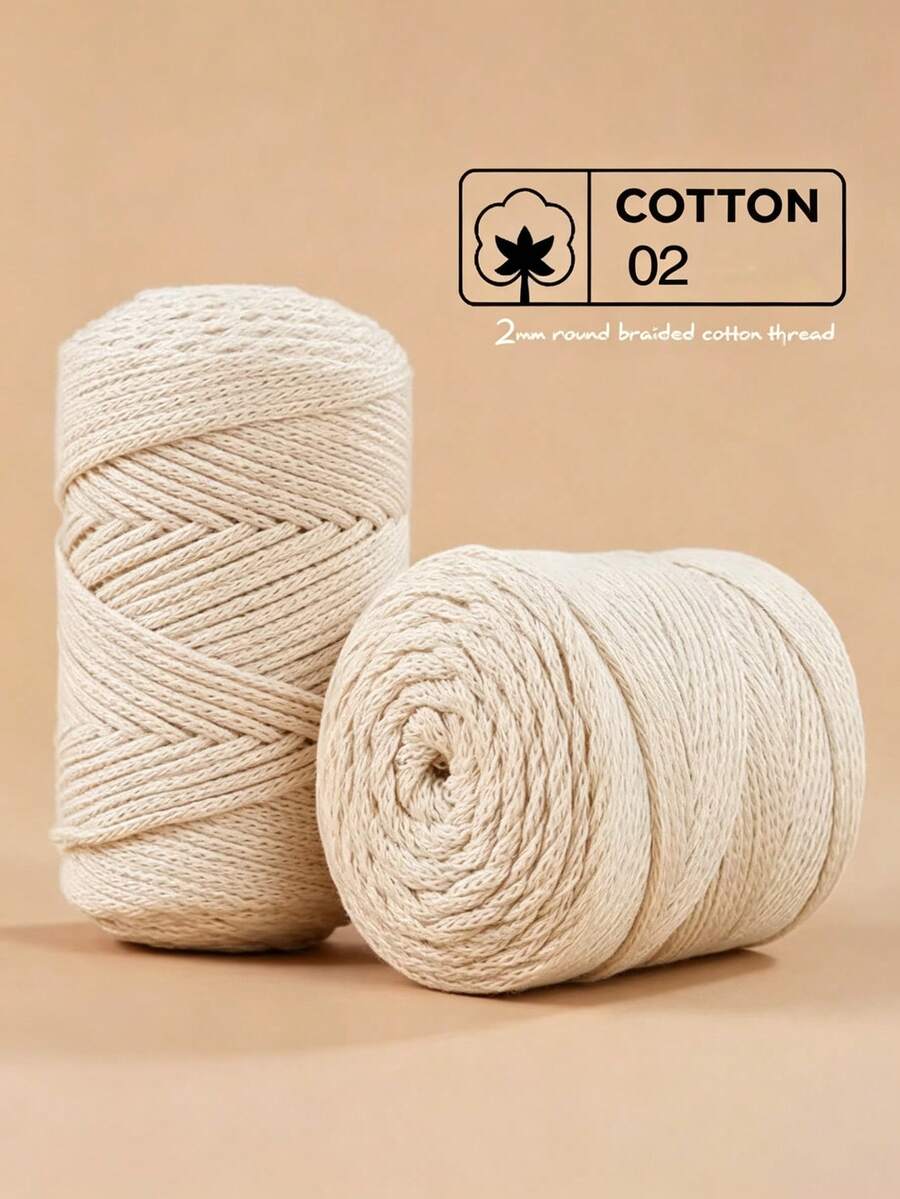 2Pcs Roll 2mm Round Braided Hollow Cotton Macrame Cord Soft Smooth Odorless Colorfast Anti-Split Crochet Yarn DIY Hand Knitting Thread For Making Summer Straw Hat Handbag Slipper Crossbody Wallet Cup Pad Handmade Craft Supplies - Multicolor - View 1