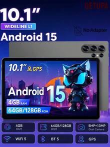 Qetupa 10.1 吋 HD IPS Android 15 平板電腦，4GB RAM 64GB/128GB 儲存空間，MTK8788 2.0GHz 八核心，5MP+13MP 相機，6000mAh 長效電池，2.4G&5G WiFi 5 BT5.2 GPS（不含適配器） - 黑色 - 查看 1