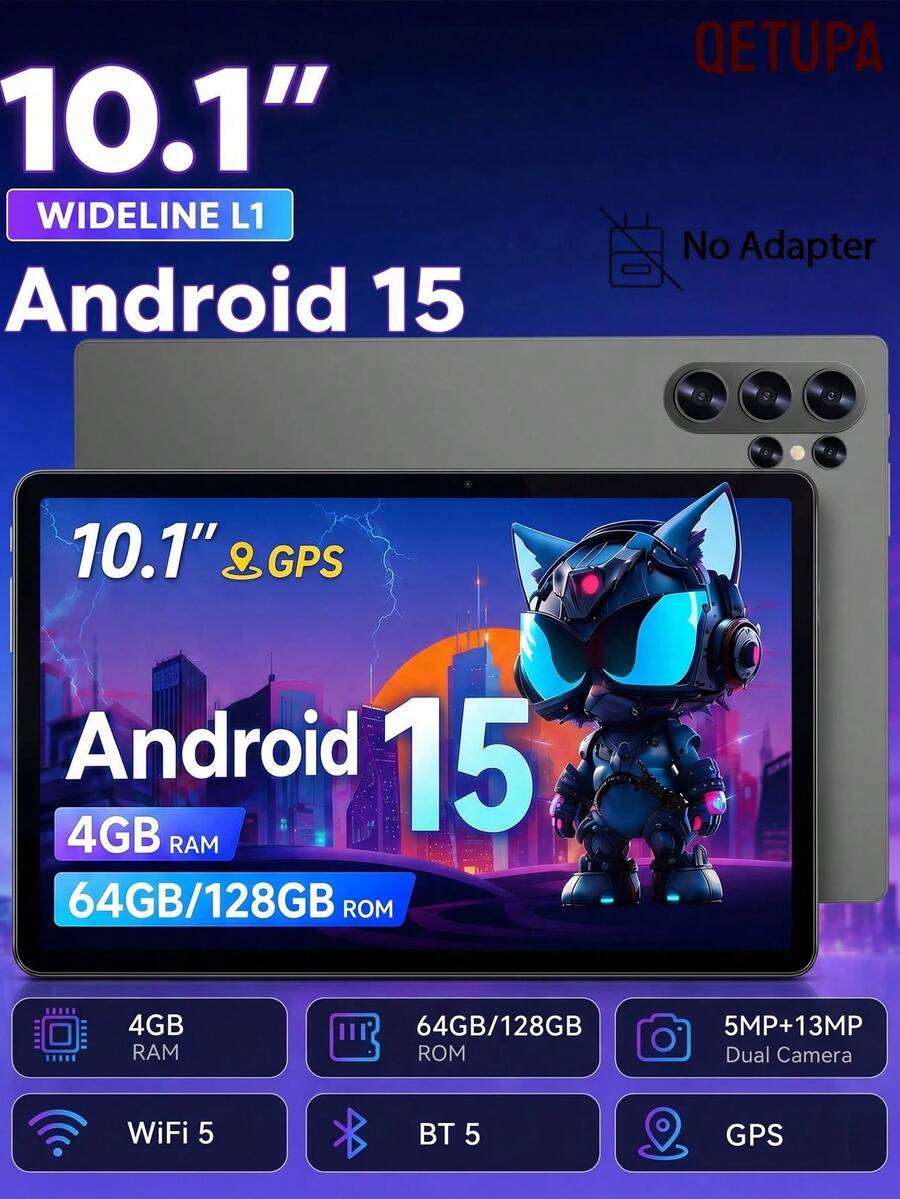 Qetupa 10.1 吋 HD IPS Android 15 平板電腦,4GB RAM 64GB/128GB 儲存空間,MTK8788 2.0GHz 八核心,5MP+13MP 相機,6000mAh 長效電池,2.4G&5G WiFi 5 BT5.2 GPS(不含適配器) - 黑色 - 查看 1