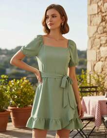 Women's Solid Color Fitted Casual Short Dress - Light Green - View 2