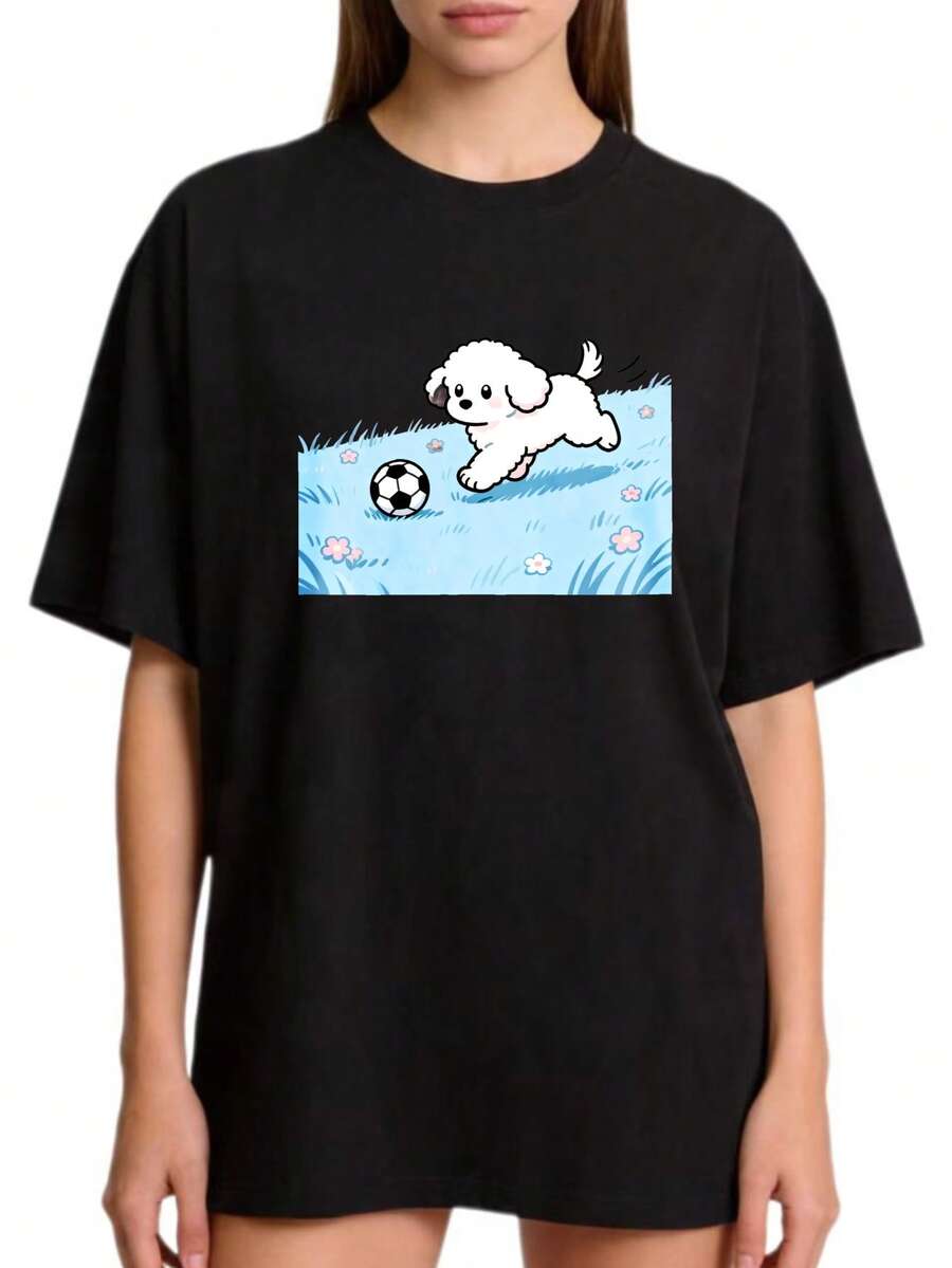 Under The Radar - Camiseta de Cuello Redondo para Mujer con Diseño de Perro Jugando al Fútbol, 100% Algodón, Estilo Casual de Verano, Regalo para Amantes de Perros y Entusiastas de Mascotas - Negro - Ver 1