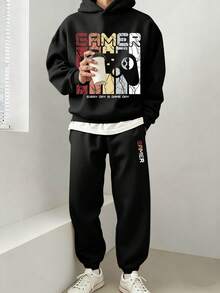 Youth Boy Cartoon Print Warm Hoodie And Sweatpants - Black - View 1