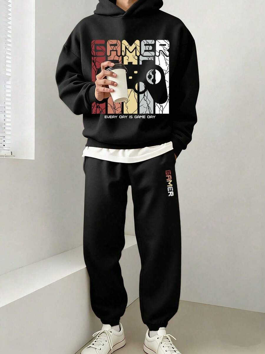 Youth Boy Cartoon Print Warm Hoodie And Sweatpants - Black - View 1