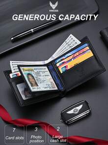 VINCESS Men's Genuine Leather Business Wallet, RFID Blocking, Made Of Top Grain Cowhide Leather, Fashionable Geometric Design. It Features Multiple Card Slots And Transparent ID Card Window, Perfect For Daily Use And Travel, An Ideal Gift For Men. - Black - View 7