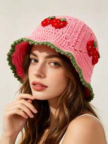1pc Women's Cute Dopamine Style Crochet Hollow Out Bucket Hat, Fruit Pattern, Lace Design Colorblock Beach Vacation Hat - Crocheted Fisherman's Hat - View 10