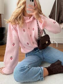 Women's Autumn/Winter New Fashion French Lazy Style Colorblock Ruffle Trim Machine Embroidered Knit Button Cardigan - Pink - View 1