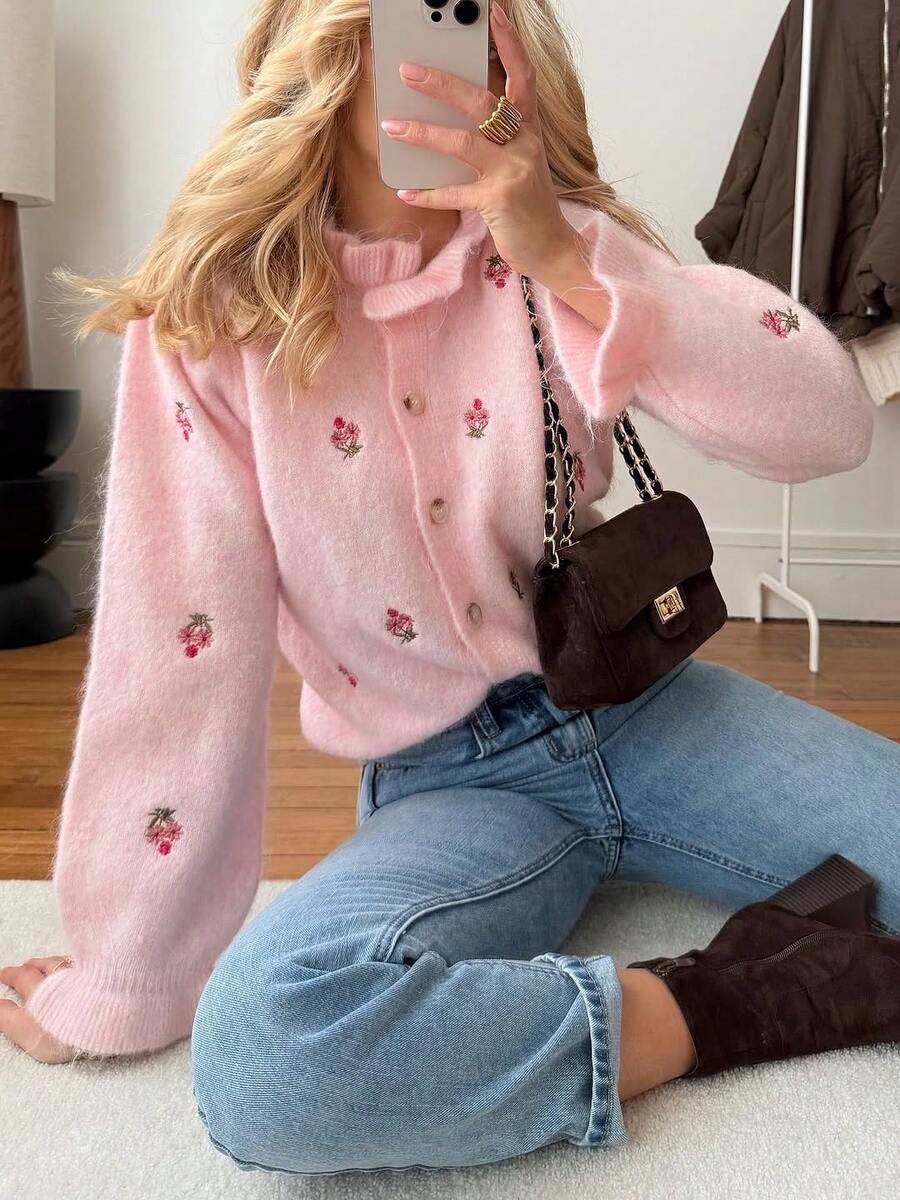 Women's Autumn/Winter New Fashion French Lazy Style Colorblock Ruffle Trim Machine Embroidered Knit Button Cardigan - Pink - View 1