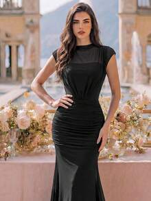 MIUSOL Elegant Half Collar Ruched Waist Mermaid Hem Formal Party Long Dress,Evening Gown,Wedding Guest Dress,Bridesmaid Dress,Graduation Dress Summer Black - Black - View 10