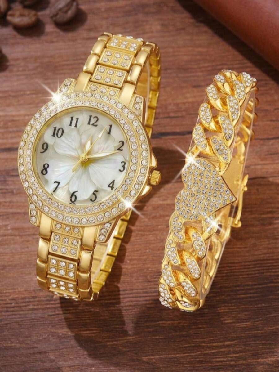 2件組女款石英手錶與手鍊珠寶套組,時尚優雅極簡數位錶盤搭配閃亮水鑽,適合日常配戴、派對裝飾、情人節、母親節、婚禮、週年紀念及各種節日,送給朋友與母親的禮物 - 金色 - 查看 1