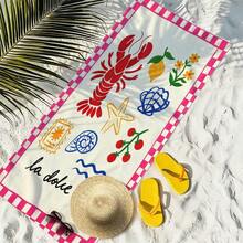 1pc Pink Grid Border Italian Hand-Painted Seafood Microfiber Beach Towel, Multiple Sizes Beach Blanket Sun Protection Towel, Lightweight, Suitable For Swimming, Camping, Sports, Beach Or Gym Beach Accessories | Modern Beach Towel | Durable Beach Mat, Beach Towel - Multicolor - View 10