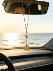 1pc Bohemian Style Ocean Shell Starfish Pearl Car Rearview Mirror Hanging Ornament, 6 Styles Beach Theme Metal Car Interior Pendant, Vehicle Windshield Decoration - A - View 9