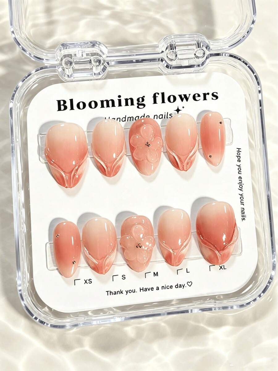 10片裝 3D粉色花朵凝膠美甲貼片 杏仁形穿戴甲,奢華甜美浪漫風,裸色-白色漸層亮面,可重複使用全覆蓋人造指甲,適合日常配戴、約會、婚禮與新娘場合,女性美甲飾品 - 彩色 - 查看 1
