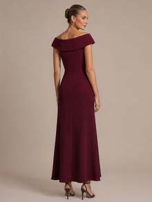 EVERPRETTY Women's Elegant Noble Asymmetric Ruffle V-Neck Mermaid Midi Formal Evening Gown, Autumn Wedding Guest Dress, Suitable For Evening Party Wedding - Burgundy - View 5