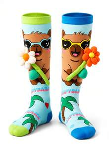 1 Pair Kids Unisex Knee High Socks, 3D Plush Flower Capybara Cartoon Light Blue Tropical Creative Design For Daily Wear - Multicolor - View 5