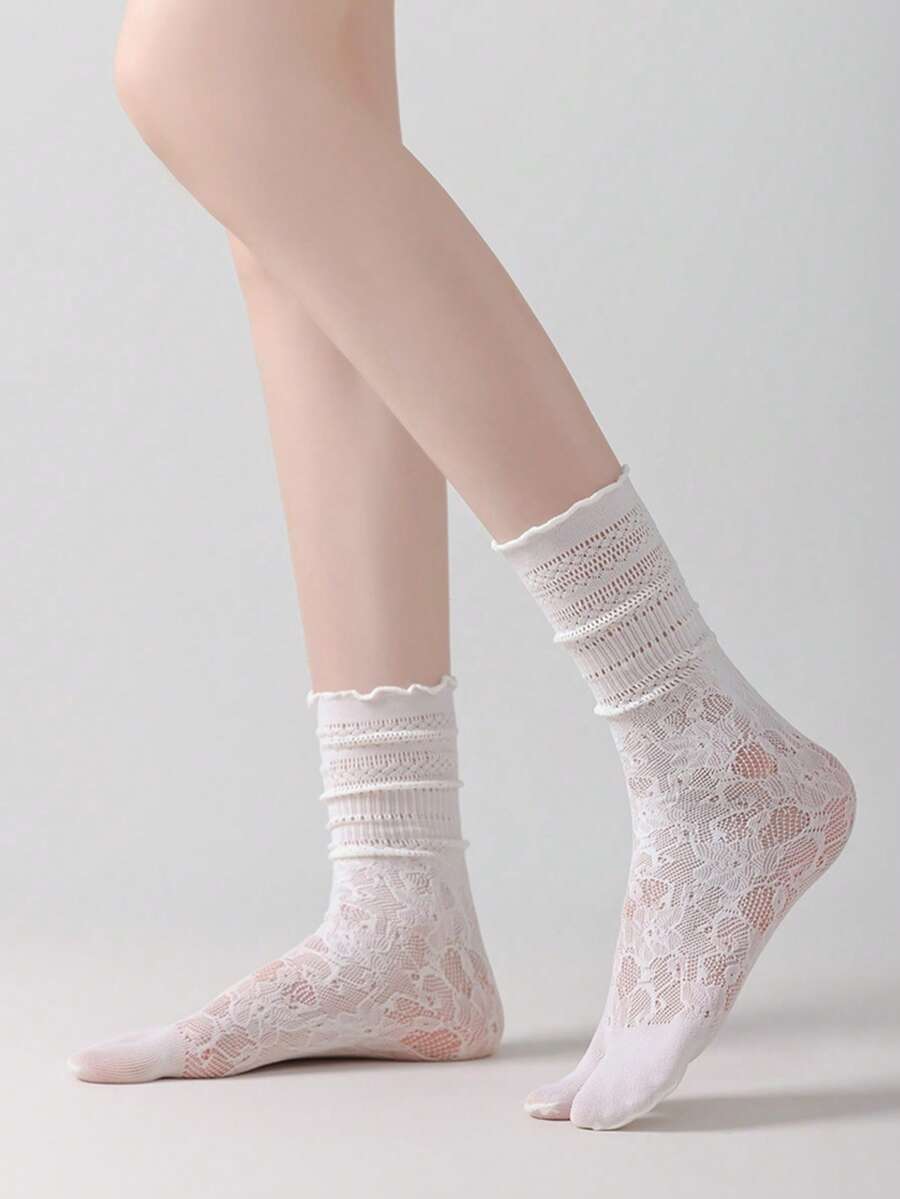 1 Pair Women's 2-Toe Tabby Split Toe Japanese Style Lace Trim Socks - White - View 1