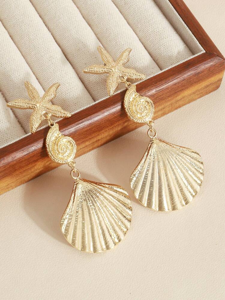 1 Pair Vintage Exaggerated Gold Scallop Shell Earrings, Versatile Creative Shell & Starfish Dangle Earrings For Women - Gold - View 4