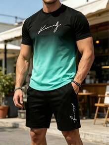 Men's Gradient Letter Print Short Sleeve Crew Neck T-Shirt And Drawstring Shorts Set, Comfortable Casual Outfit, 100% Polyester, Lightweight And Breathable Fabric - 黑色 - 查看 10