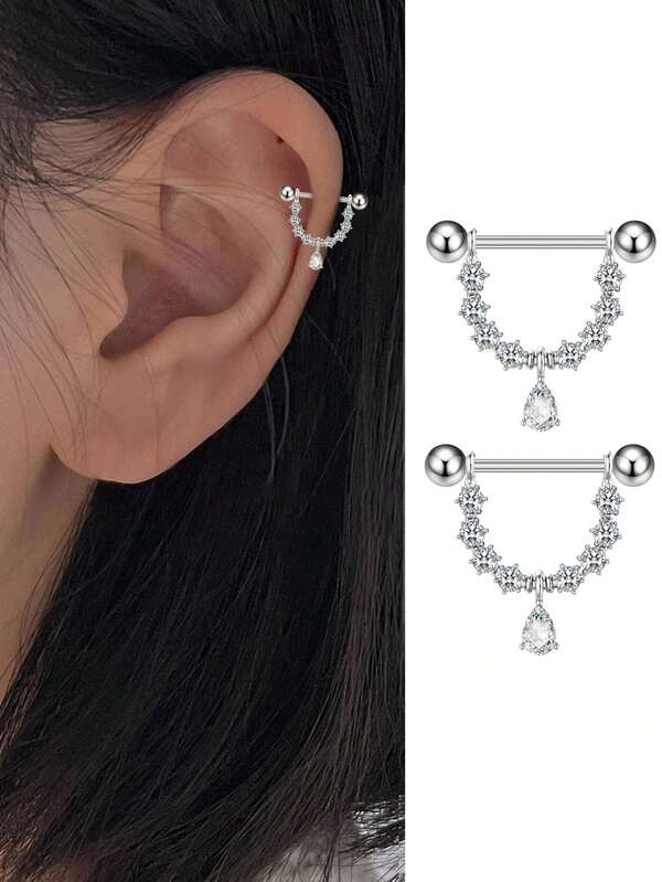 1 Pair Women's Earrings, Fashion Stainless Steel Zirconia Inlaid Teardrop Screw-Back Cartilage Studs, Punk Piercing Daily Accessories