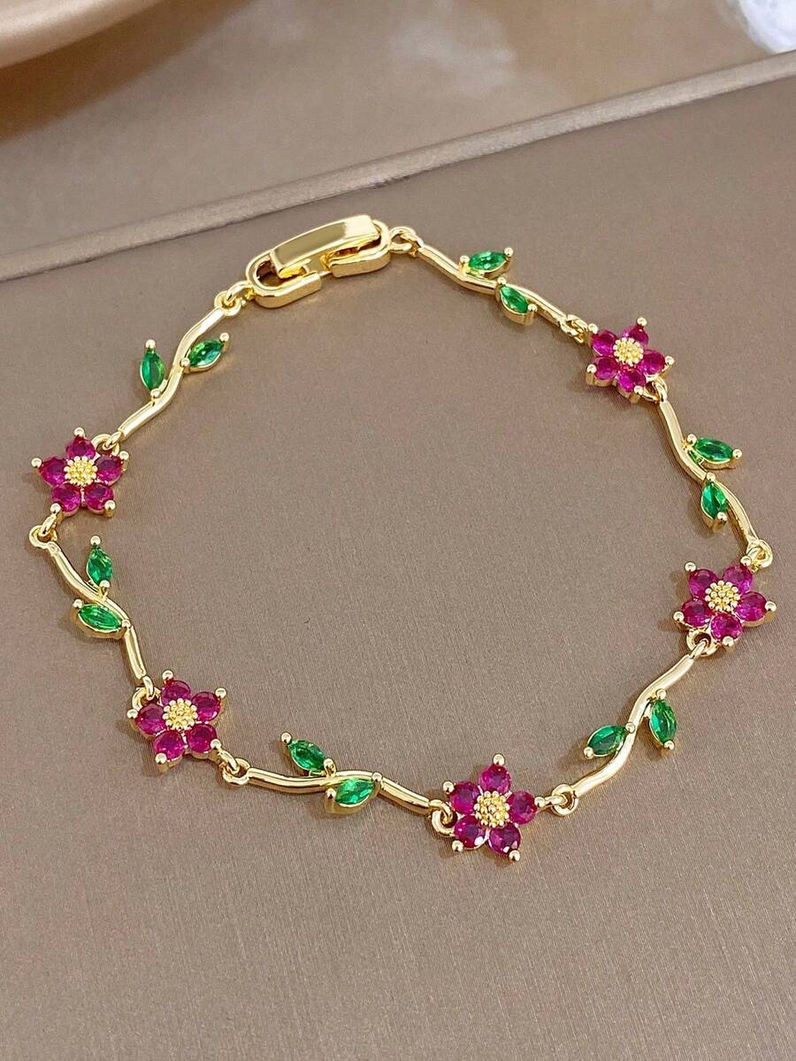 1 Delicate Adjustable Bracelet With Chain And Cherry Blossom, 18K Gold Plated With Pink Cubic Zirconia, Bohemian Style For Women, Ideal For Daily Wear, Weddings, Dates, Anniversaries, Birthdays, Christmas - 彩色鑽石版 - 查看 1