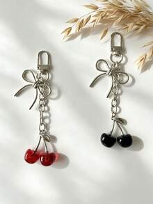 1pc Realistic 3D Cherry Bow Keychain Decoration, Bag Accessory, Phone Charm Pendant - A - View 3