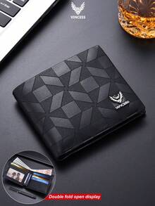 VINCESS Men's Genuine Leather Business Wallet, RFID Blocking, Made Of Top Grain Cowhide Leather, Fashionable Geometric Pattern Design. It Features Multiple Card Slots And Transparent ID Card Window, Perfect For Daily Use And Travel, An Ideal Gift For Men. - Black - View 12
