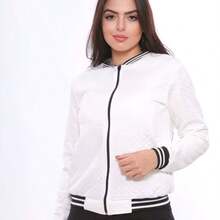 Women's Autumn/Winter Warm And Casual Padded Jacket With Round Neck - Black And White Striped Collar, Long Sleeves, Casual Coat | Zipper Jacket - 白色 - 查看 5