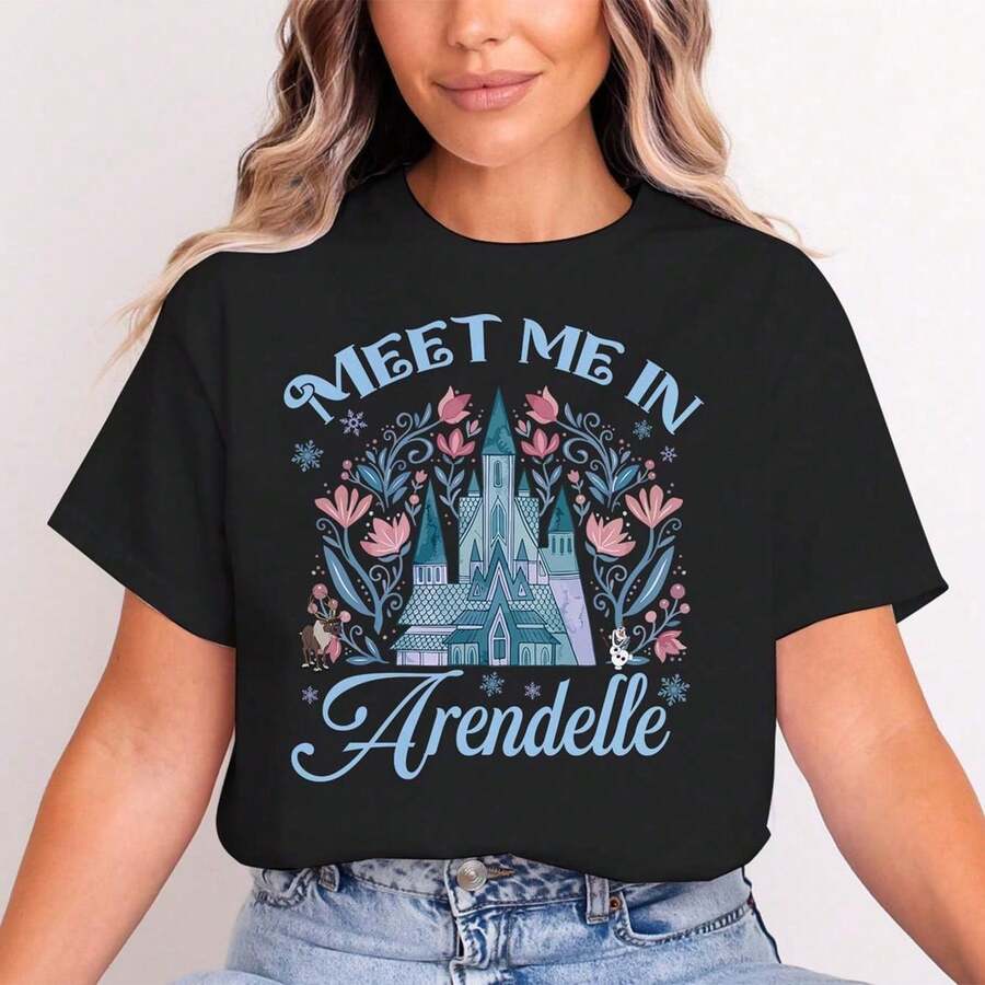 Women's T-Shirt, Printed With Floral And Letter Motifs Of Arendelle Castle From <Frozen>, Short Sleeve, Cotton, Basic Women's T-Shirts, Blouses, Y2K Gym Fitness Casual - 黑色 - 查看 1